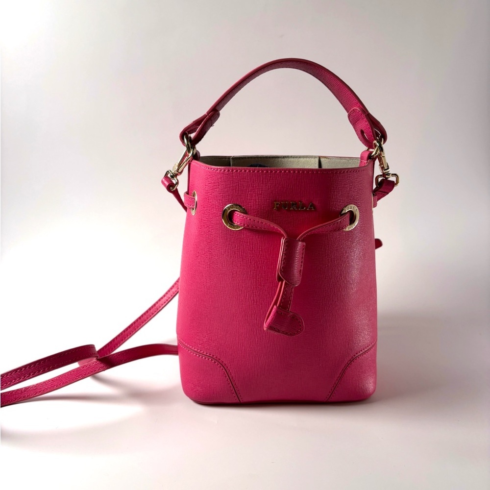 Furla Pink Saffiano Leather Bucket Bag – Italian Designer Mini, Barbiecore